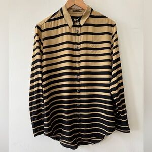 J. McLaughlin Silk Black and Tan Striped Shirt size Medium